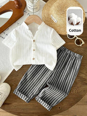 2pcs Boys Crinkle Cotton Shirt & Striped Trousers Set - Ivory