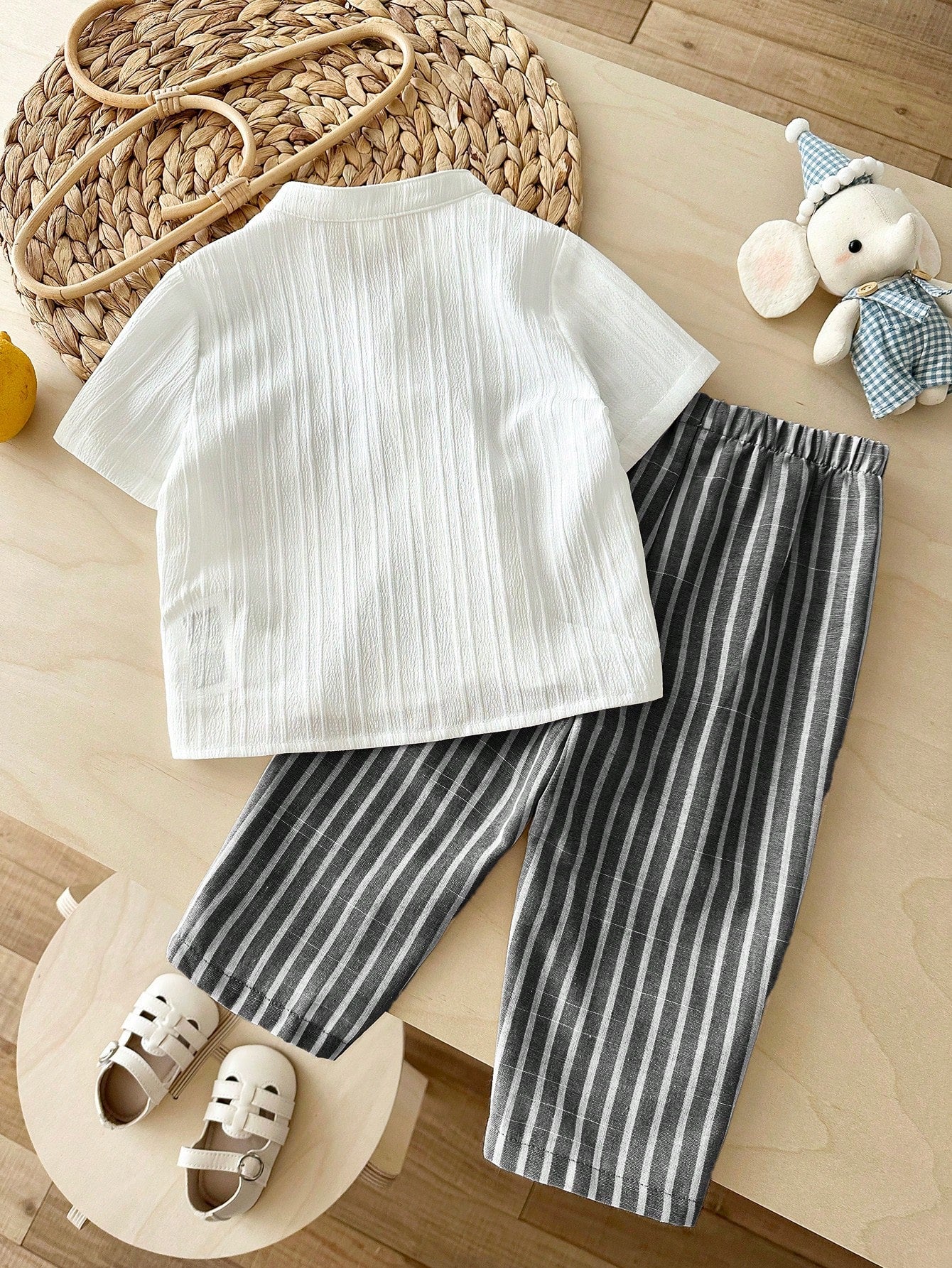 2pcs Boys Crinkle Cotton Shirt & Striped Trousers Set - Ivory | 21 ...