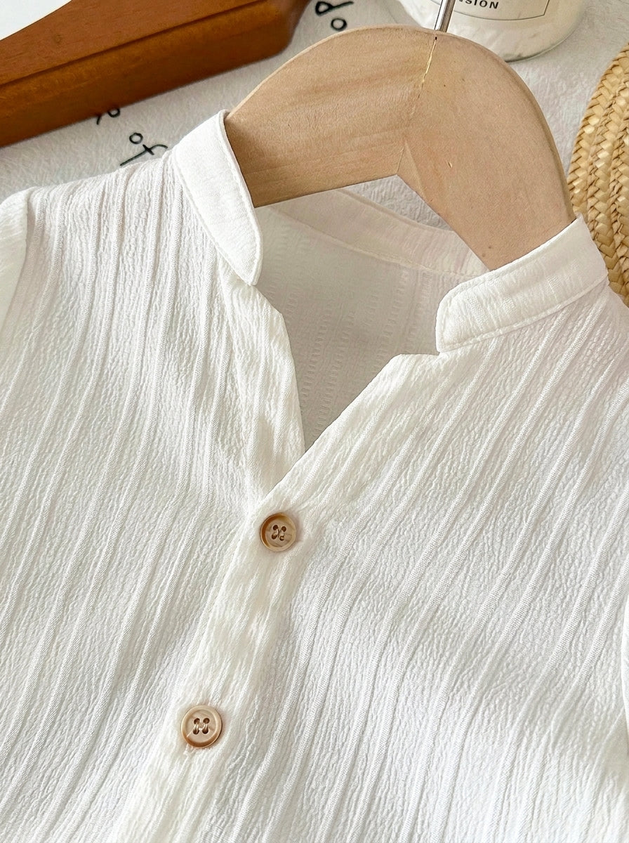 2pcs Boys Crinkle Cotton Shirt & Striped Trousers Set - Ivory