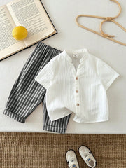 2pcs Boys Crinkle Cotton Shirt & Striped Trousers Set - Ivory | 21 ...