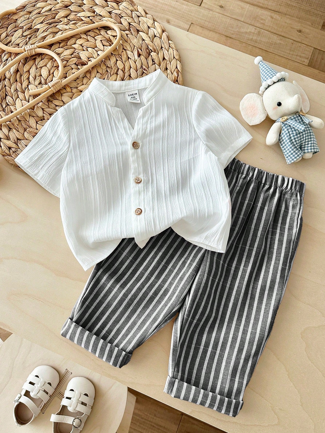 2pcs Boys Crinkle Cotton Shirt & Striped Trousers Set - Ivory | 21 ...