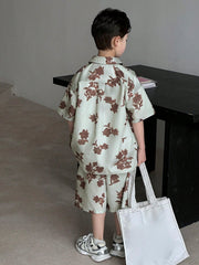 2pcs Big Boys Botanical Print Shirt & Bermuda Shorts Set - Sage | 2...