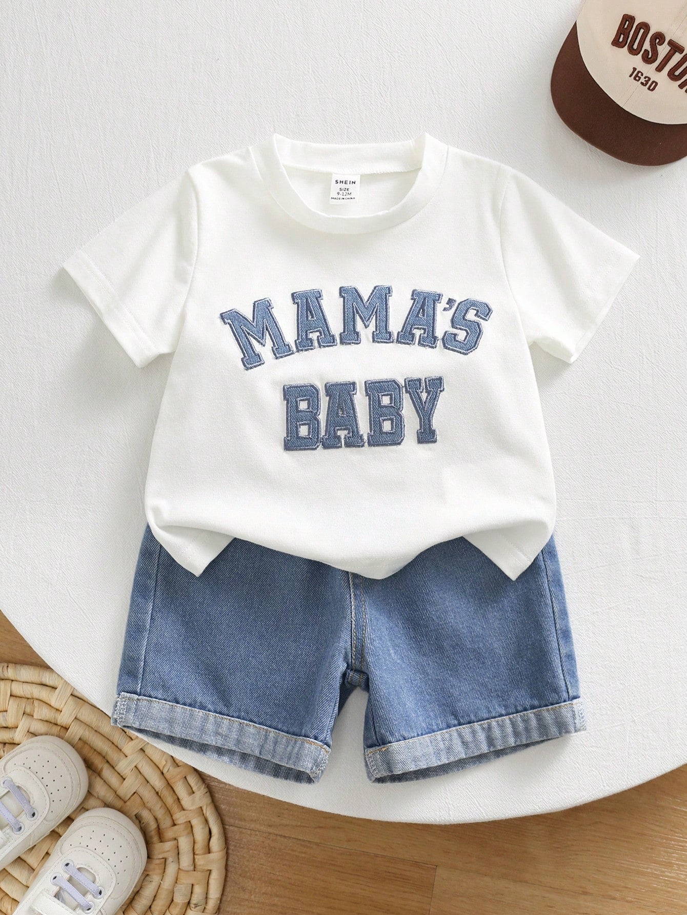 2pcs Boys Varsity Letter Tee & Denim Shorts Set - Ivory