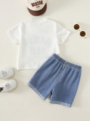 2pcs Boys Varsity Letter Tee & Denim Shorts Set - Ivory