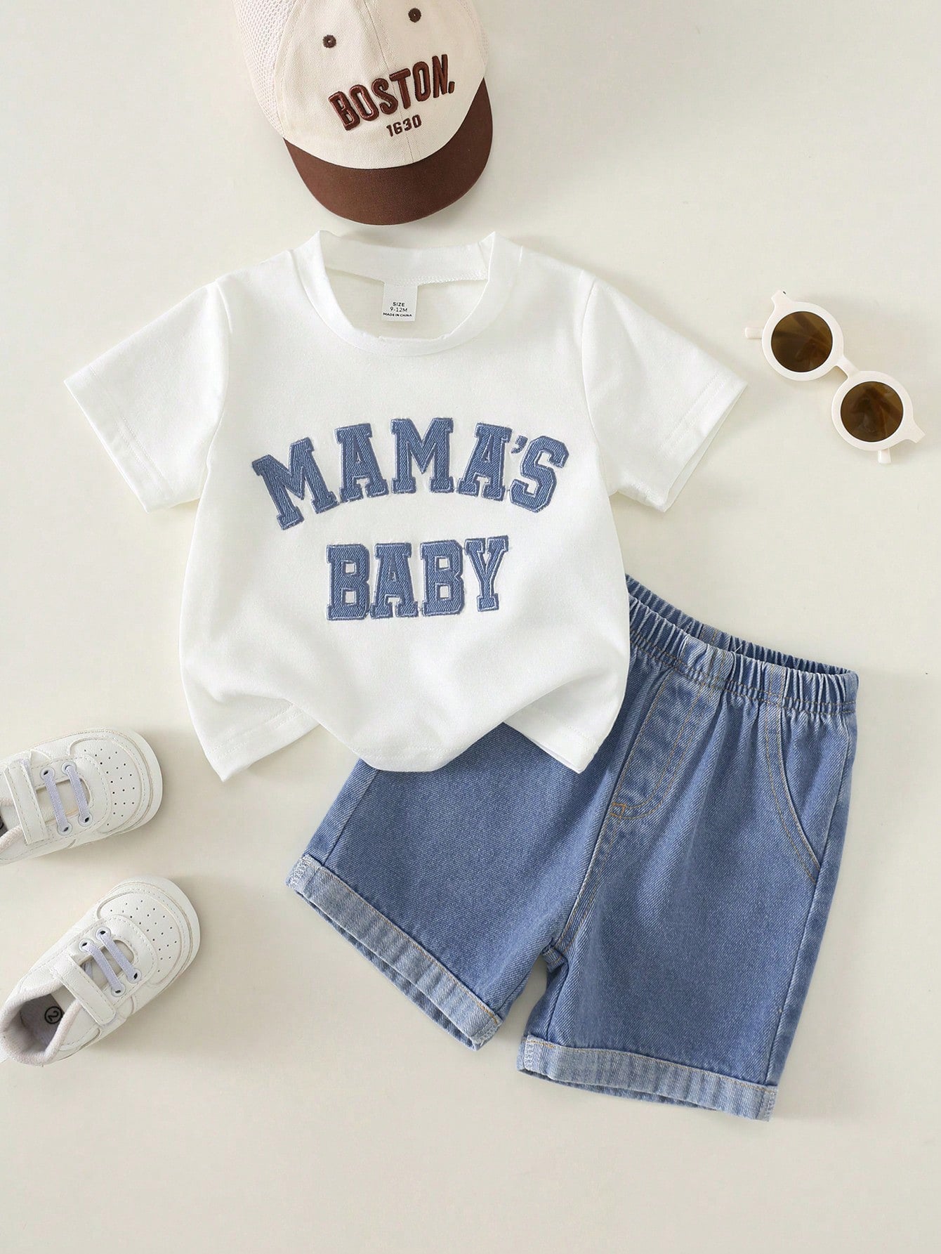 2pcs Boys Varsity Letter Tee & Denim Shorts Set - Ivory