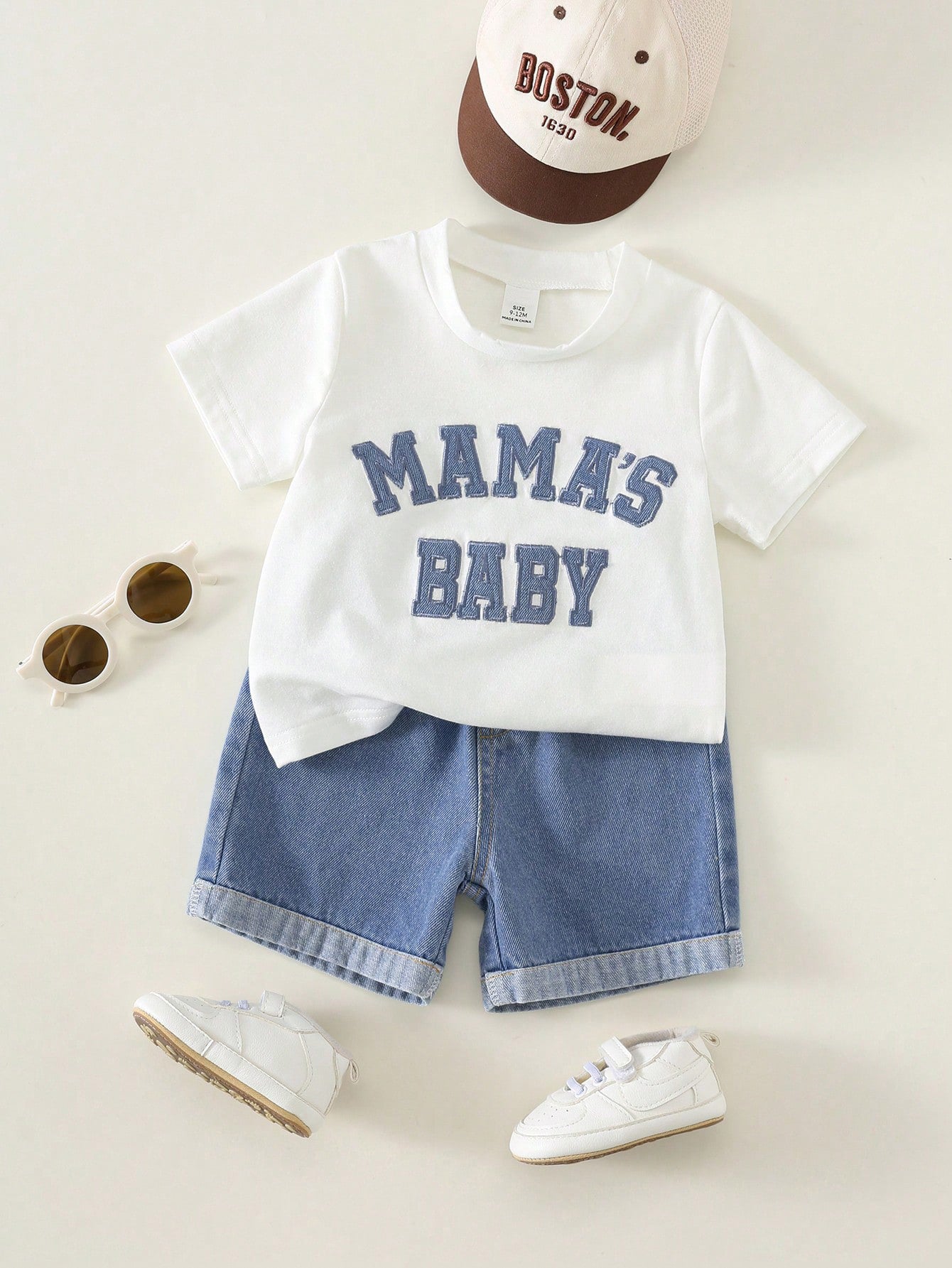 2pcs Boys Varsity Letter Tee & Denim Shorts Set - Ivory