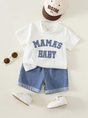 2pcs Boys Varsity Letter Tee & Denim Shorts Set - Ivory