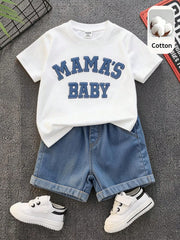 2pcs Boys Varsity Letter Tee & Denim Shorts Set - Ivory