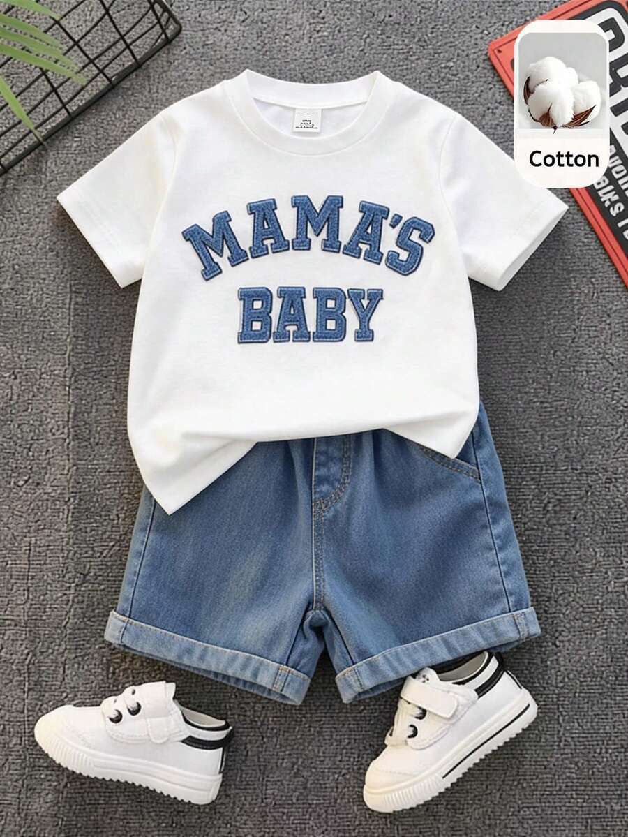 2pcs Boys Varsity Letter Tee & Denim Shorts Set - Ivory