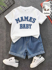 2pcs Boys Varsity Letter Tee & Denim Shorts Set - Ivory