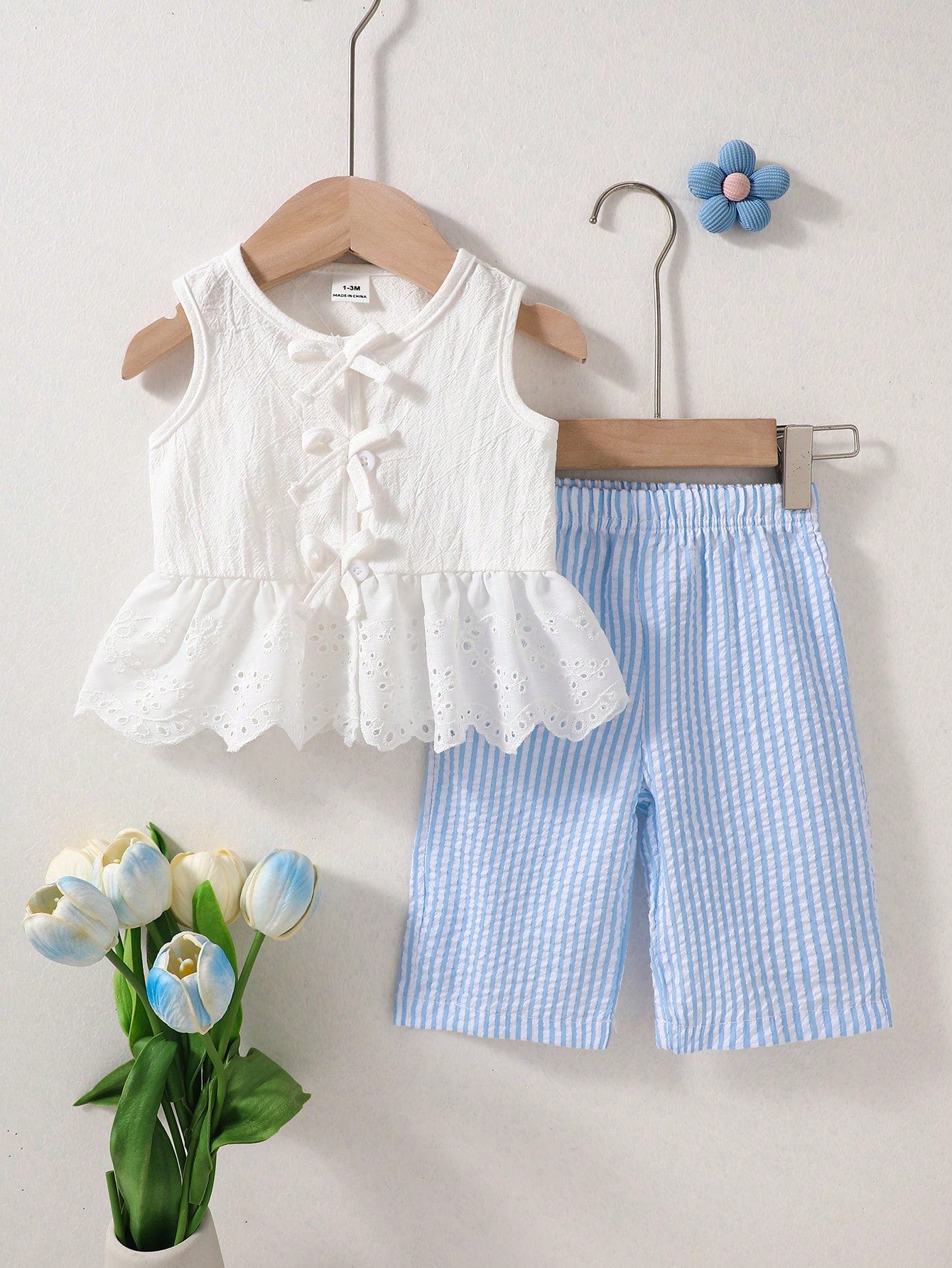 2pcs Baby Girls Eyelet Peplum Top & Striped Pants Set - Ivory | 21 ...