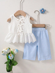 2pcs Baby Girls Eyelet Peplum Top & Striped Pants Set - Ivory | 21 ...