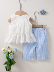 2pcs Baby Girls Eyelet Peplum Top & Striped Pants Set - Ivory | 21 ...
