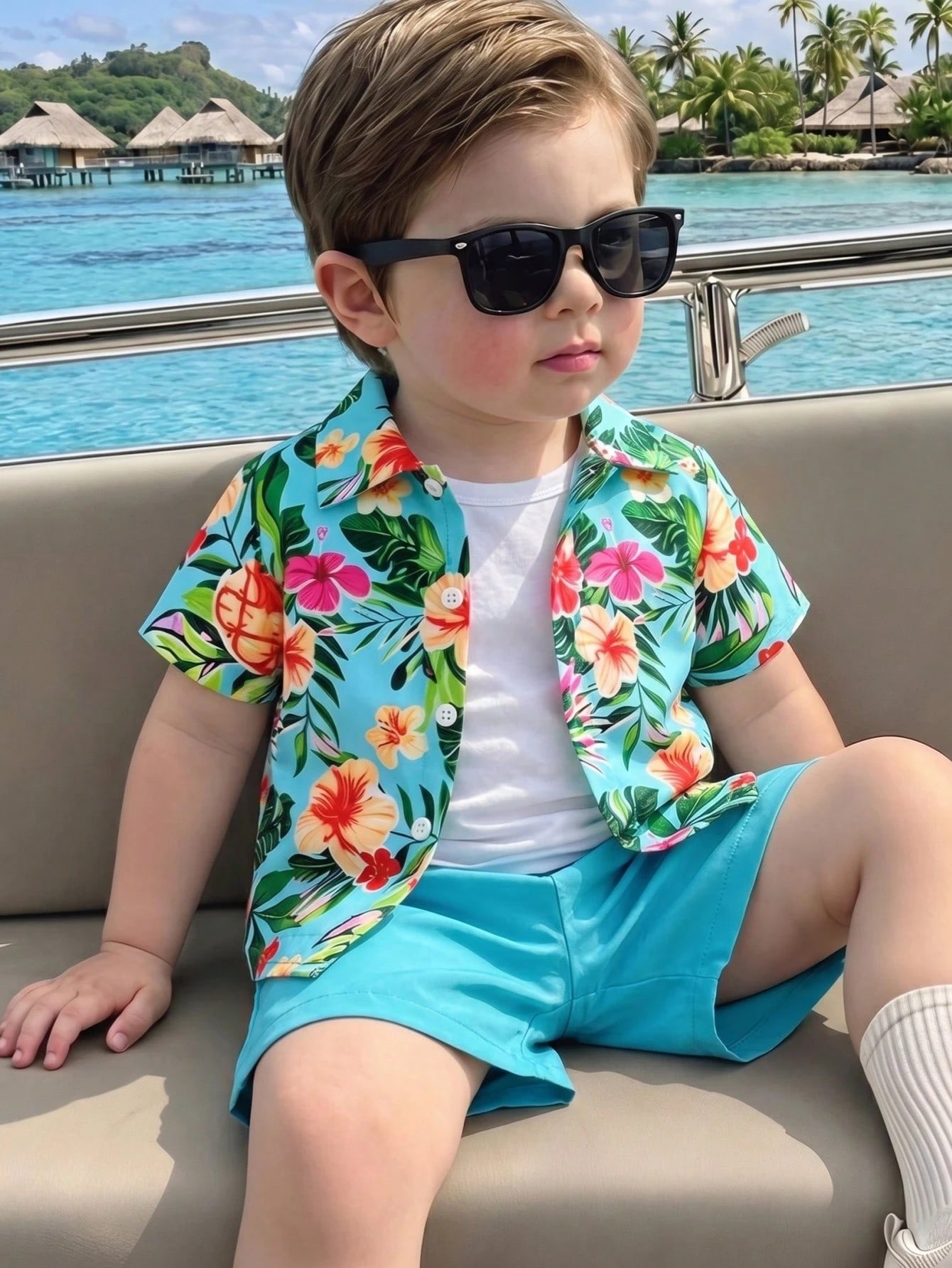 2pcs Boys Tropical Hibiscus Print Shirt & Shorts Set - Aqua | 21 Ce...
