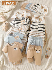 5pcs Baby Boys Bear Print Romper, Pants & Hat Set - Ivory | 21 Cent...