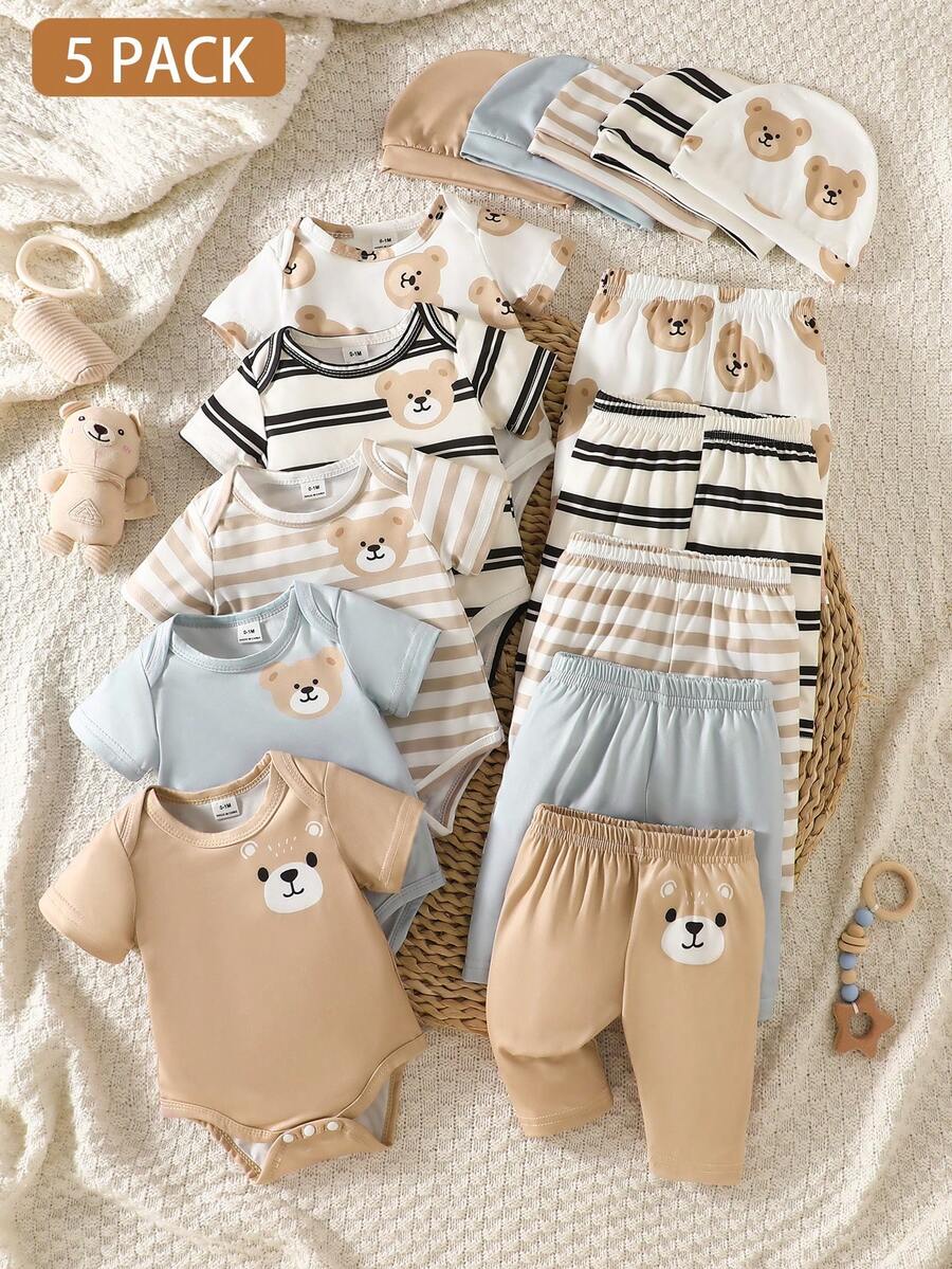 5pcs Baby Boys Bear Print Romper, Pants & Hat Set - Ivory | 21 Cent...