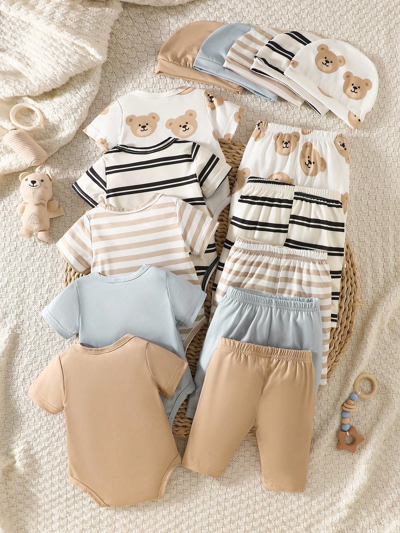 5pcs Baby Boys Bear Print Romper, Pants & Hat Set - Ivory | 21 Cent...