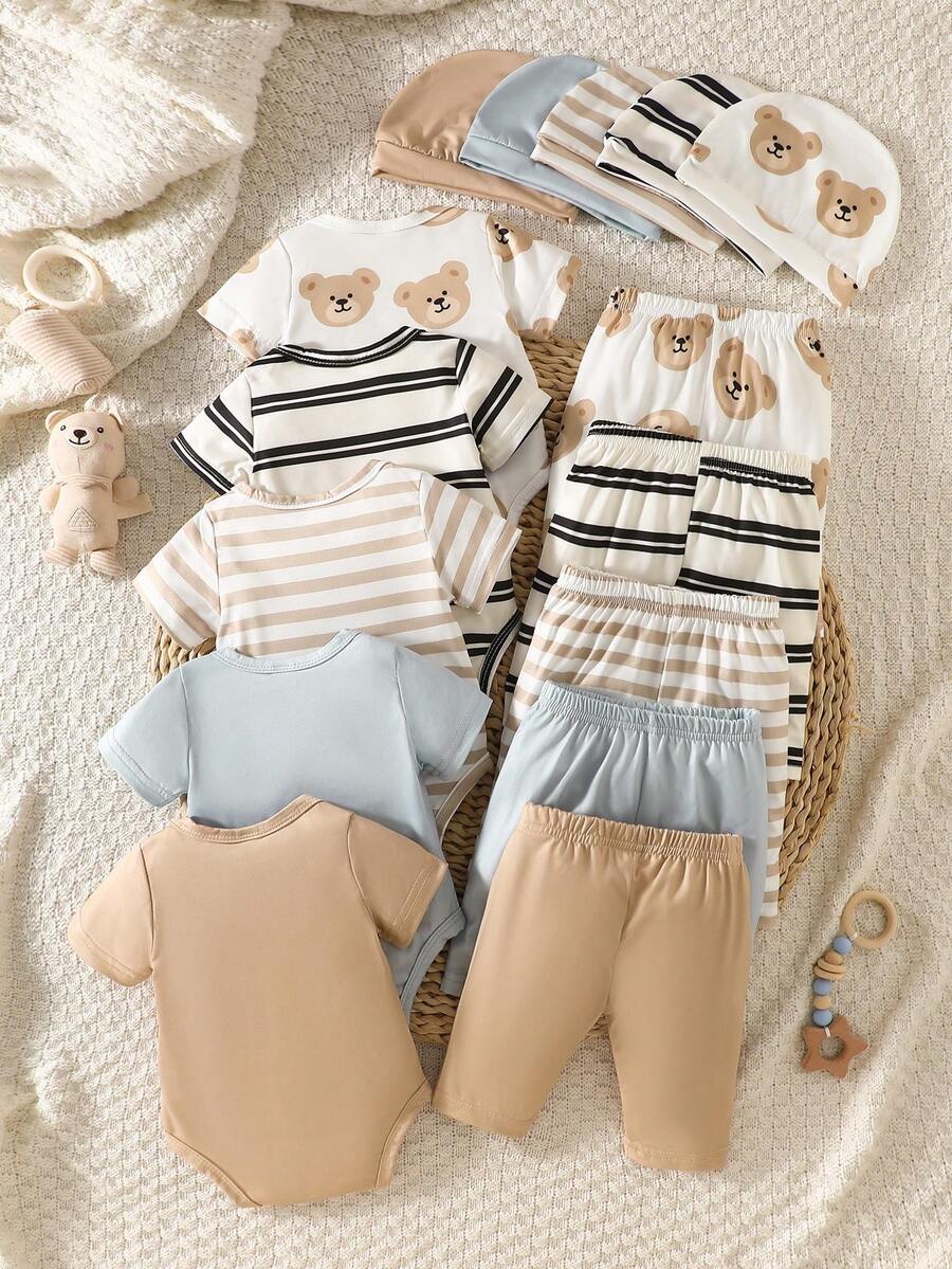 5pcs Baby Boys Bear Print Romper, Pants & Hat Set - Ivory | 21 Cent...