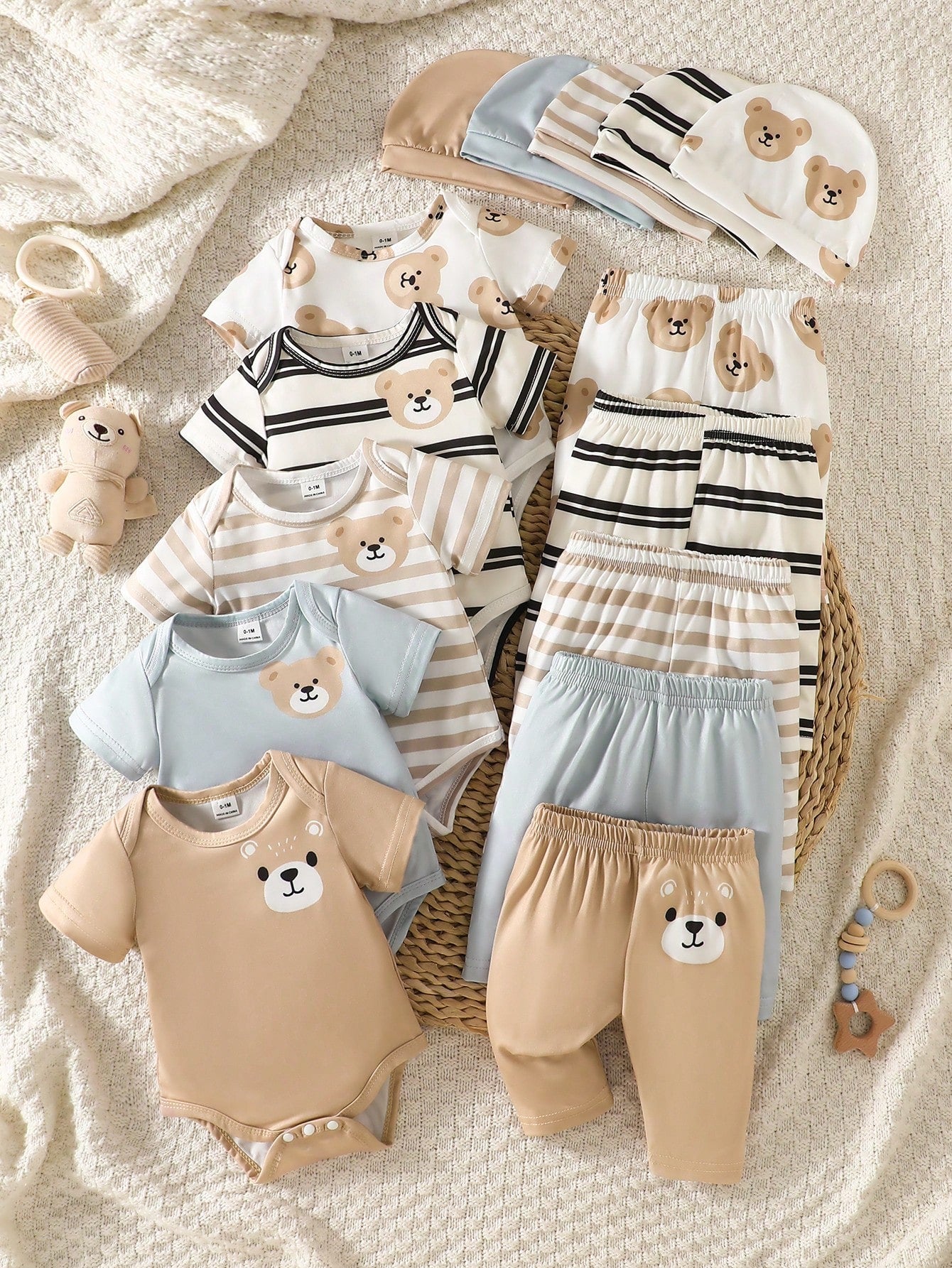 5pcs Baby Boys Bear Print Romper, Pants & Hat Set - Ivory | 21 Cent...
