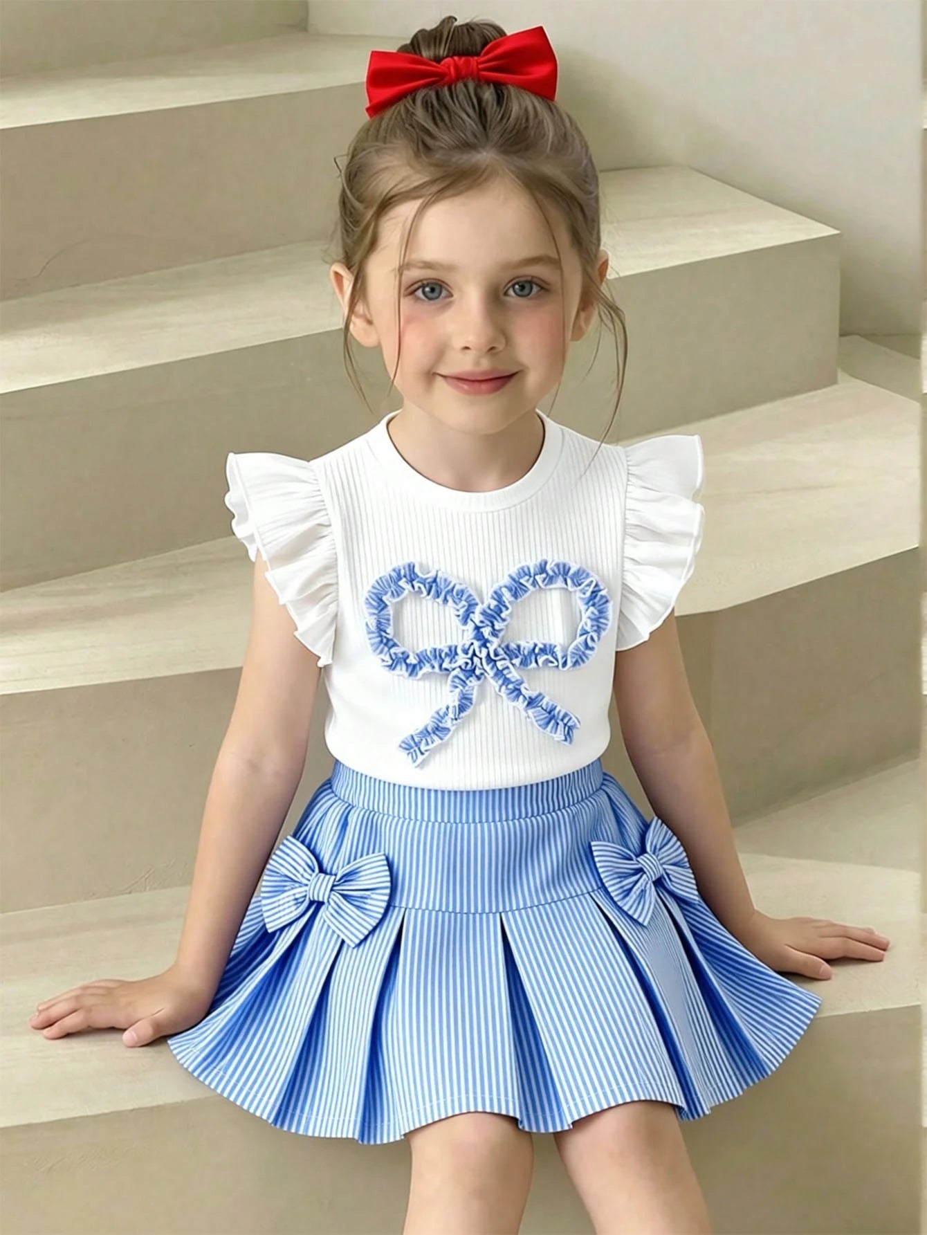 2pcs Little Girls Ruffle Tee & Seersucker Pleated Skirt Set - Ivory...