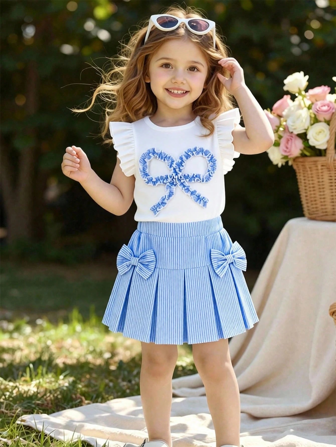 2pcs Little Girls Ruffle Tee & Seersucker Pleated Skirt Set - Ivory...
