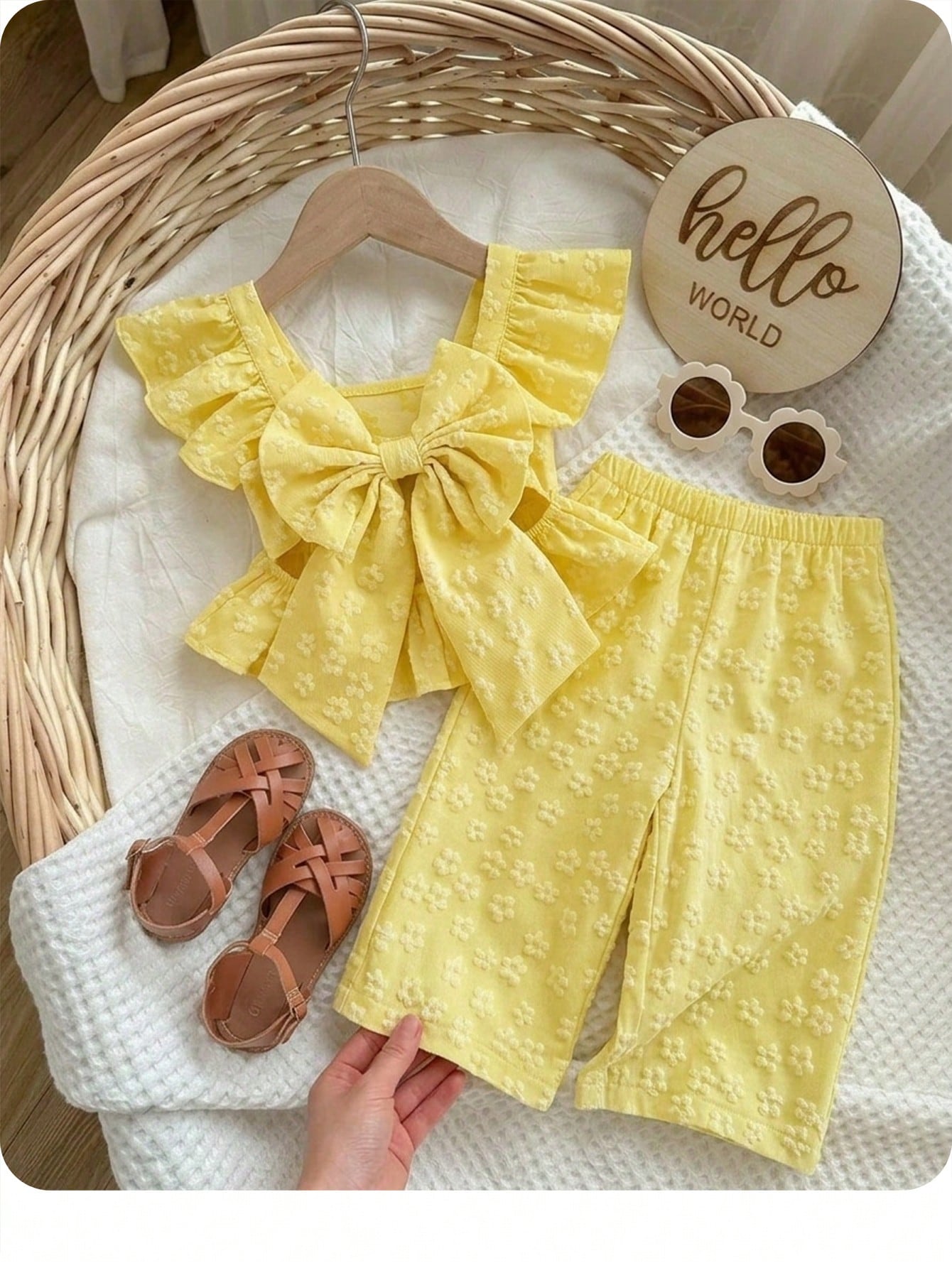 2pcs Girls Floral Jacquard Bow-Back Peplum Top & Wide-Leg Trousers ...