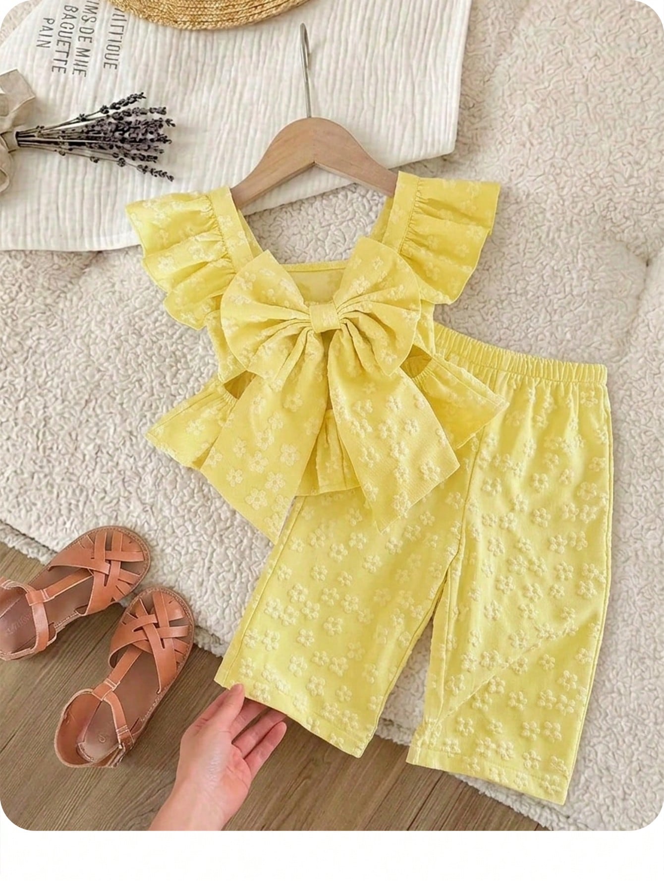 2pcs Girls Floral Jacquard Bow-Back Peplum Top & Wide-Leg Trousers ...