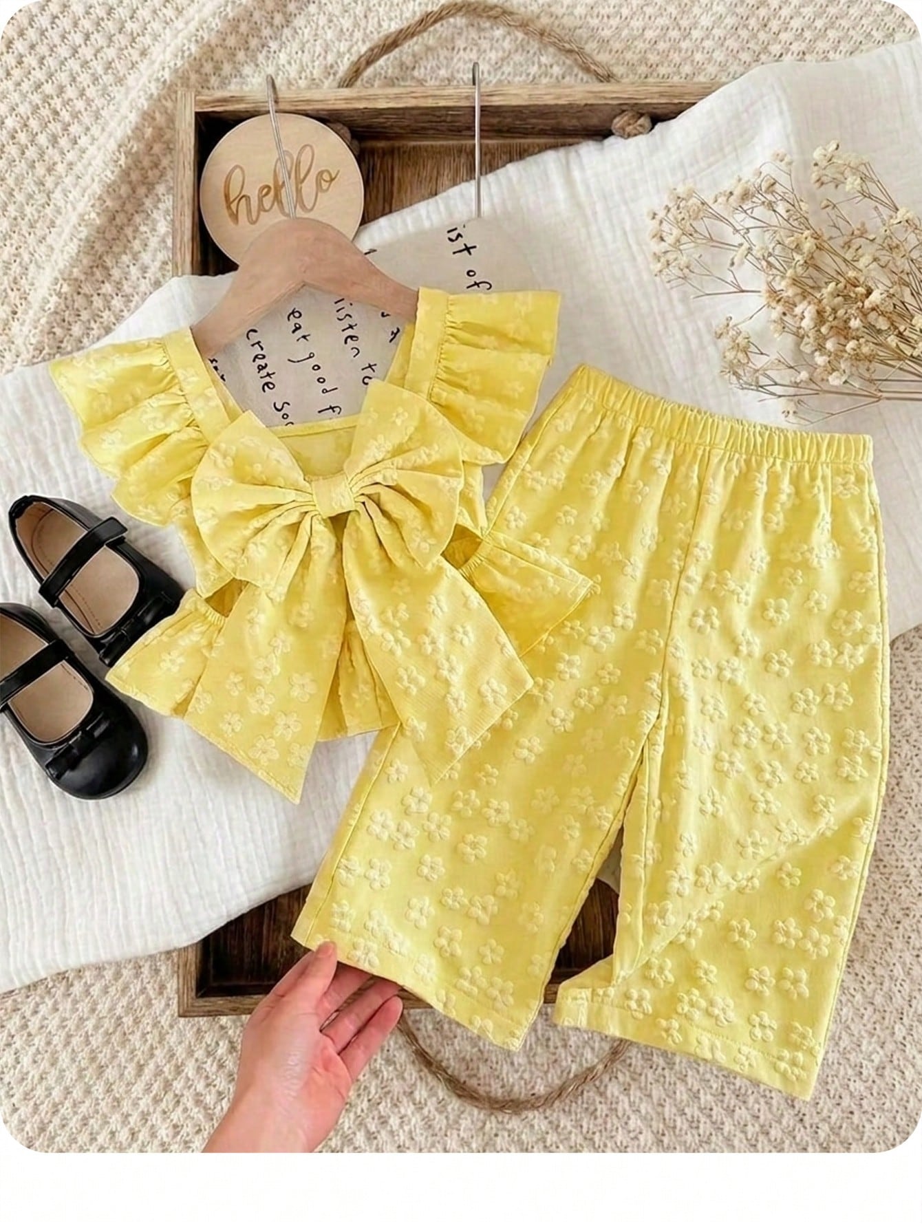 2pcs Girls Floral Jacquard Bow-Back Peplum Top & Wide-Leg Trousers ...