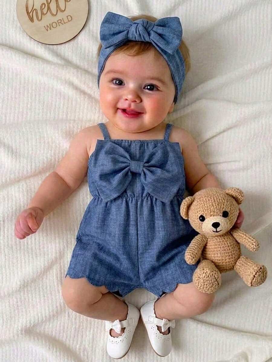 Girls Bow Front Spaghetti Strap Scallop Romper - Slate | 21 Century...