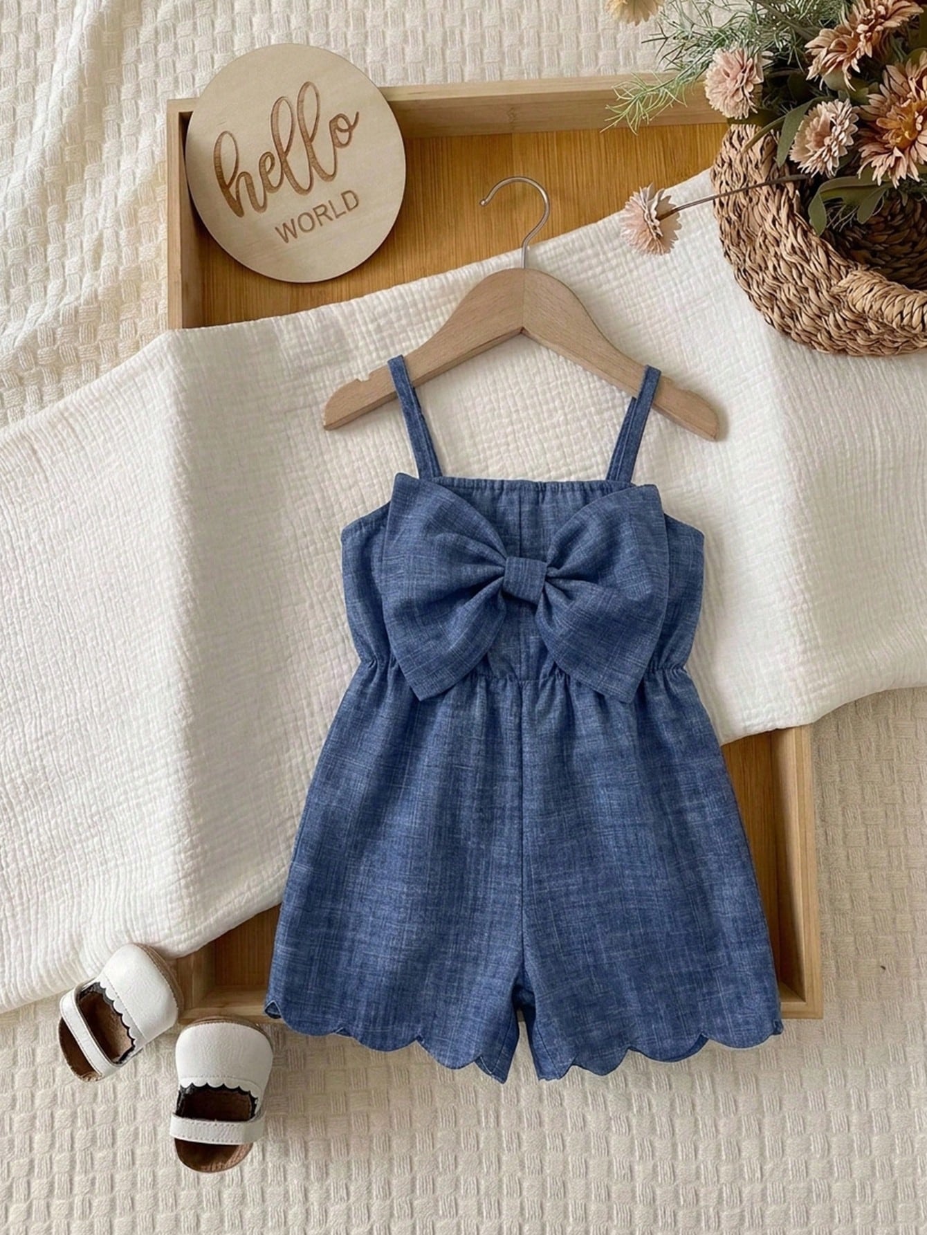 Girls Bow Front Spaghetti Strap Scallop Romper - Slate | 21 Century...