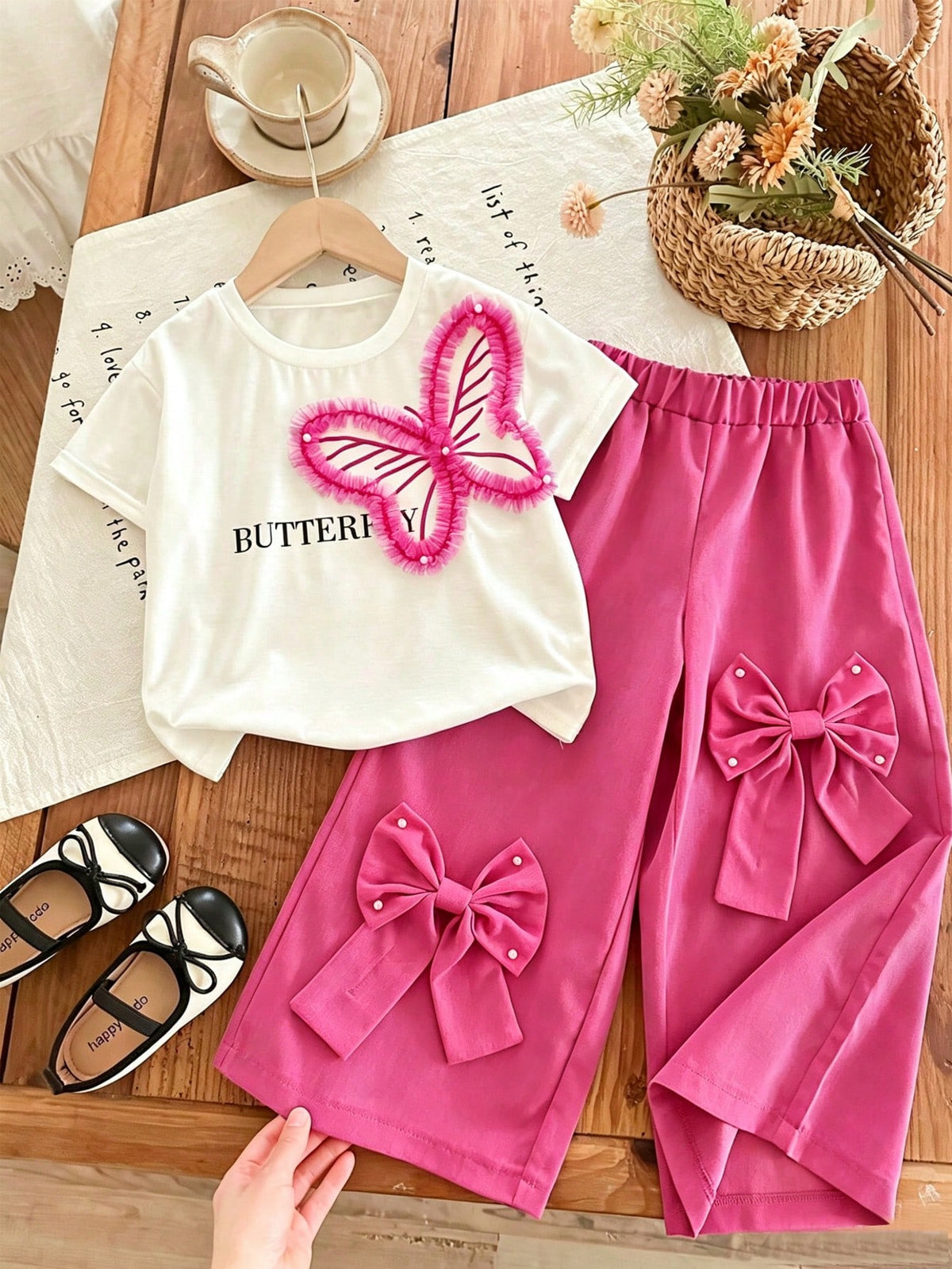 2pcs Little Girls 3D Butterfly Tee & Bow Wide-Leg Pants Set - Fuchs...