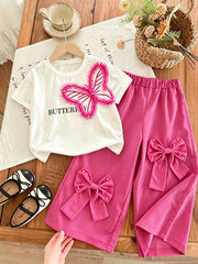 2pcs Little Girls 3D Butterfly Tee & Bow Wide-Leg Pants Set - Fuchs...