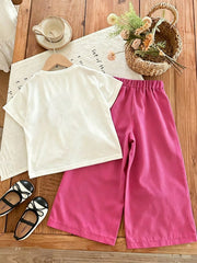 2pcs Little Girls 3D Butterfly Tee & Bow Wide-Leg Pants Set - Fuchs...