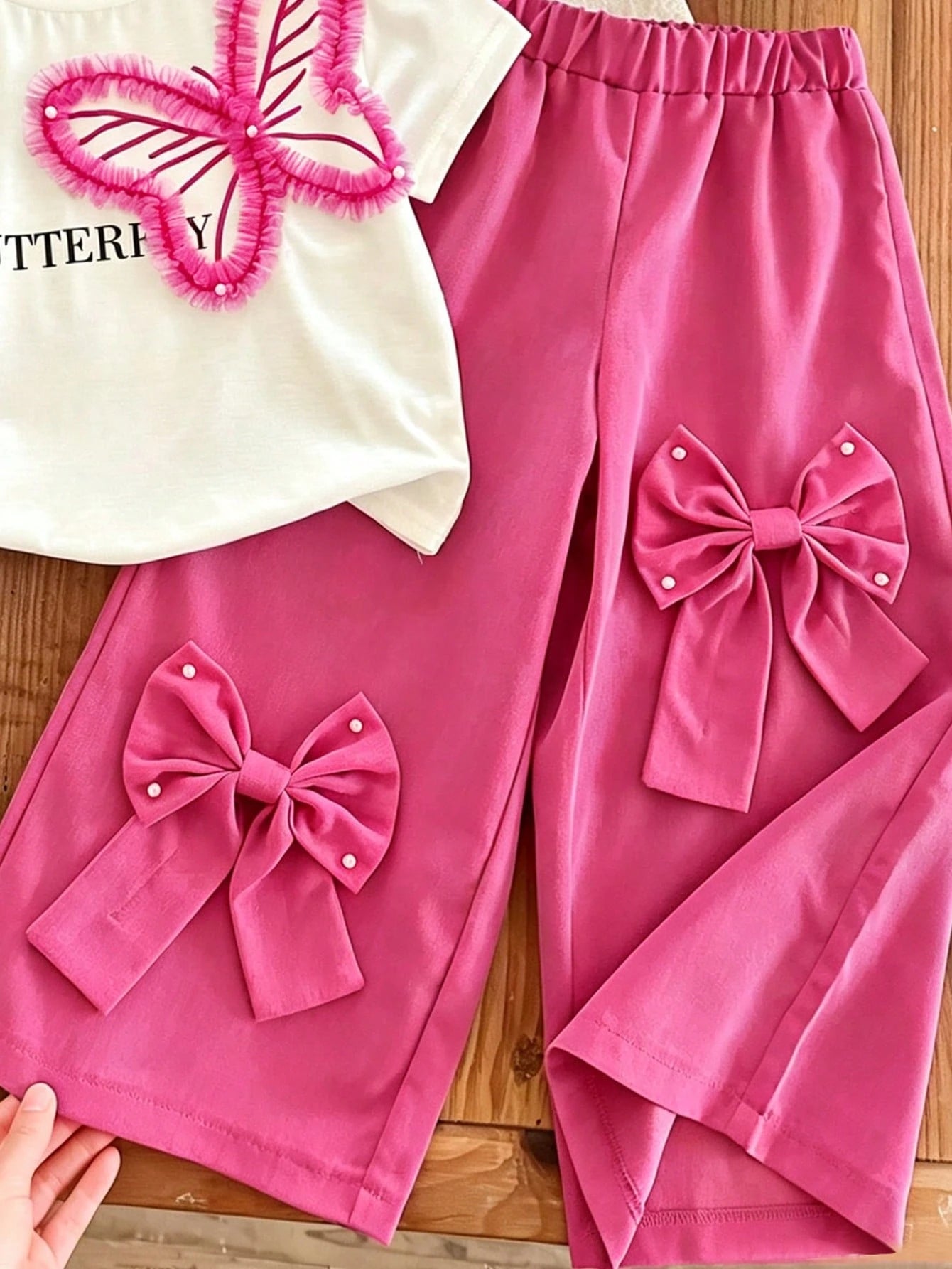 2pcs Little Girls 3D Butterfly Tee & Bow Wide-Leg Pants Set - Fuchs...