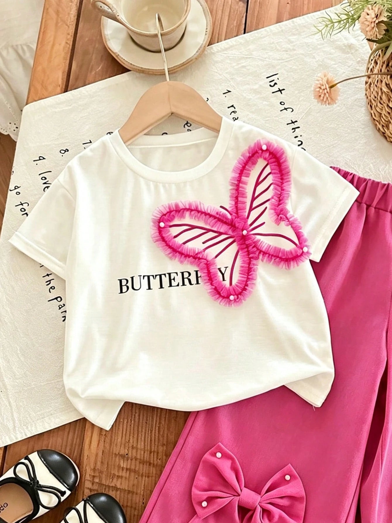 2pcs Little Girls 3D Butterfly Tee & Bow Wide-Leg Pants Set - Fuchs...