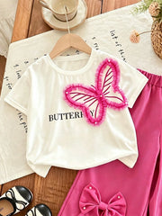 2pcs Little Girls 3D Butterfly Tee & Bow Wide-Leg Pants Set - Fuchs...