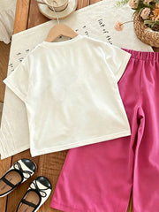 2pcs Little Girls 3D Butterfly Tee & Bow Wide-Leg Pants Set - Fuchs...