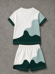 2pcs Boys Colourblock Letter Knit Tee & Shorts Set - Ivory