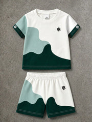 2pcs Boys Colourblock Letter Knit Tee & Shorts Set - Ivory