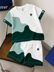 2pcs Boys Colourblock Letter Knit Tee & Shorts Set - Ivory