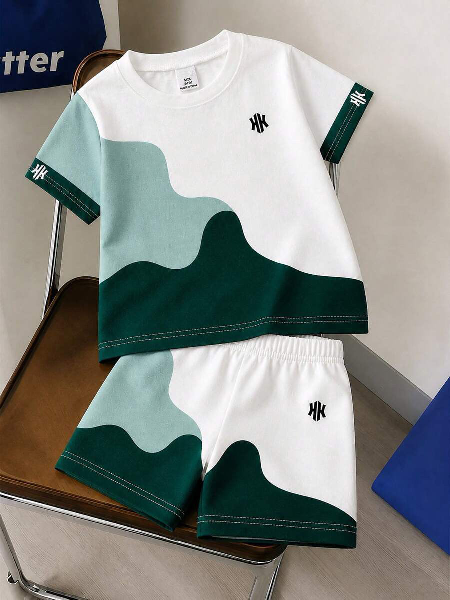 2pcs Boys Colourblock Letter Knit Tee & Shorts Set - Ivory