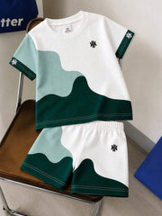 2pcs Boys Colourblock Letter Knit Tee & Shorts Set - Ivory