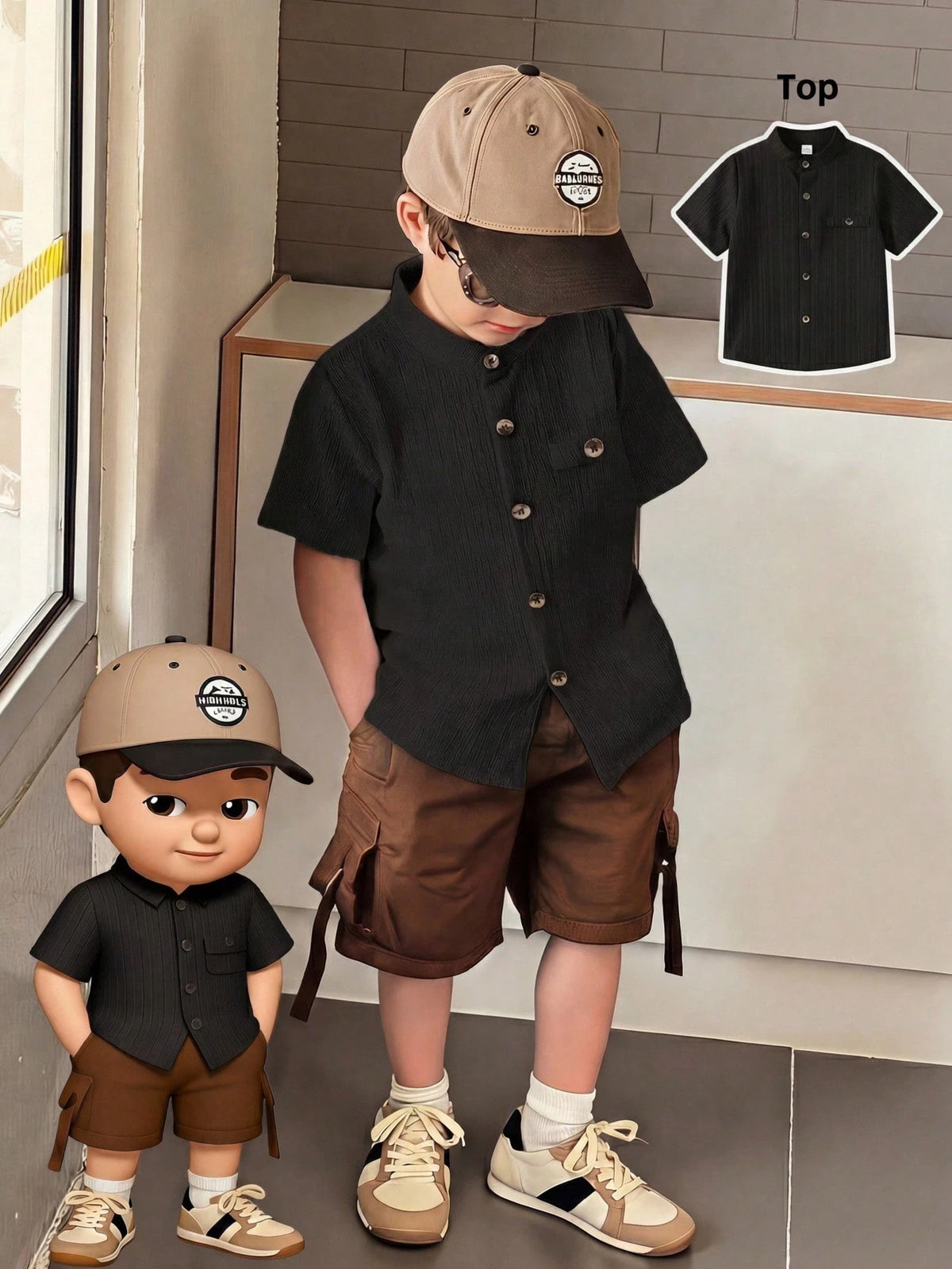 Little Boys Textured Mandarin Collar Button-Front Shirt - Onyx