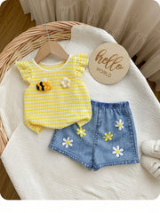Girls Bee Embroidered Stripe Knit Top & Denim Shorts Set - Buttercup
