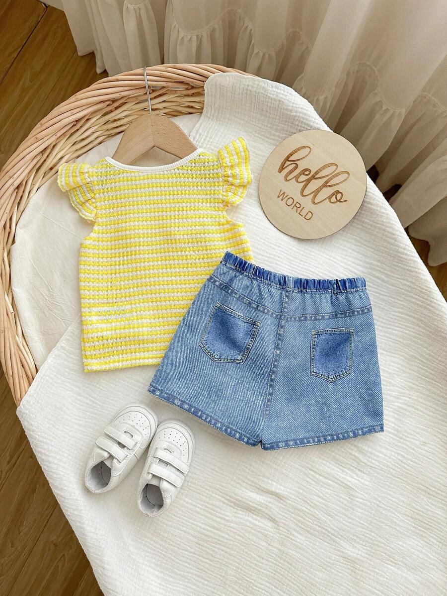 Girls Bee Embroidered Stripe Knit Top & Denim Shorts Set - Buttercup