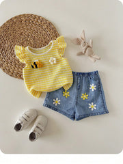 Girls Bee Embroidered Stripe Knit Top & Denim Shorts Set - Buttercup