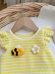 Girls Bee Embroidered Stripe Knit Top & Denim Shorts Set - Buttercup