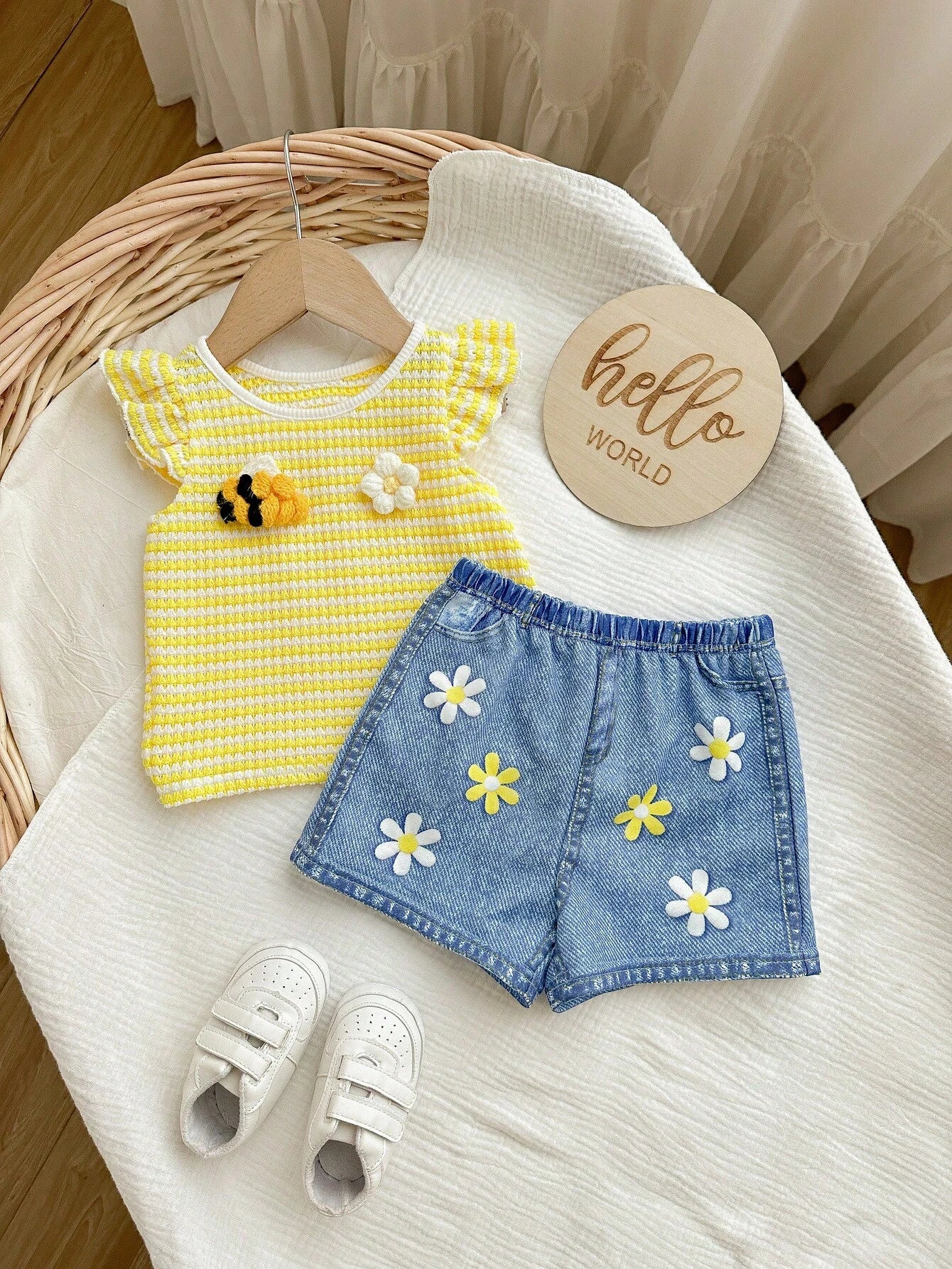 Girls Bee Embroidered Stripe Knit Top & Denim Shorts Set - Buttercup