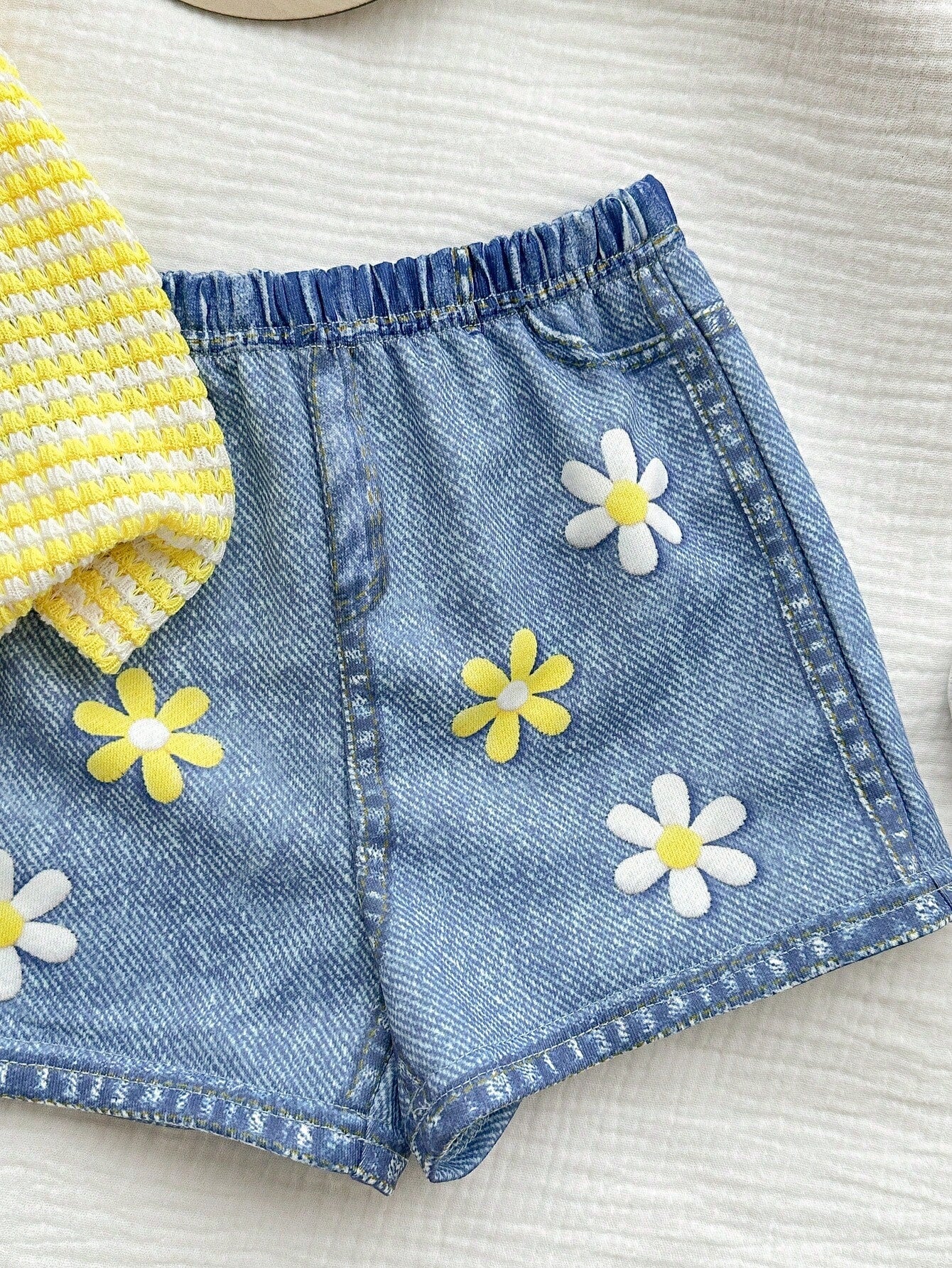 Girls Bee Embroidered Stripe Knit Top & Denim Shorts Set - Buttercup