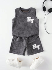 2pcs Little Boys NY Leaf Print Tank & Shorts Set - Graphite